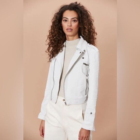 JAKETT Anthropologie Josey White Leather Moto Zip Jacket Unlined New Size SMALL - Picture 1 of 13